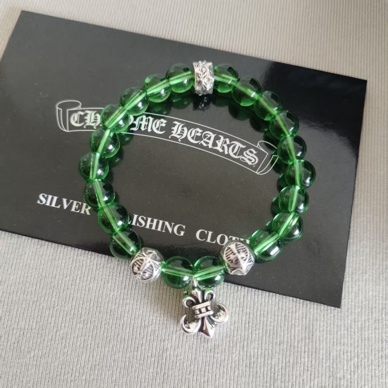 Chrome Hearts Green Beaded Bracelet with Fleur-de-Lis Charm